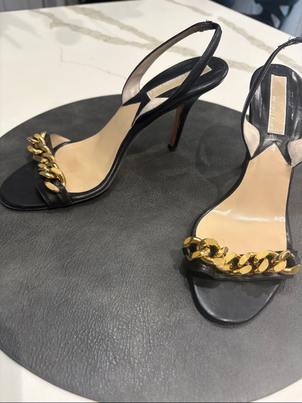 Michael Kors Black Leather Slingback Heels with Gold Chain